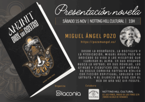Cartel horizontal de la presentación de la novela “Anunit y el dios sin rostro” de Miguel Ángel Pozo